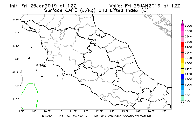Mappa di analisi GFS - CAPE [J/kg] e Lifted Index [°C] in Centro-Italia
									del 25/01/2019 12 <!--googleoff: index-->UTC<!--googleon: index-->