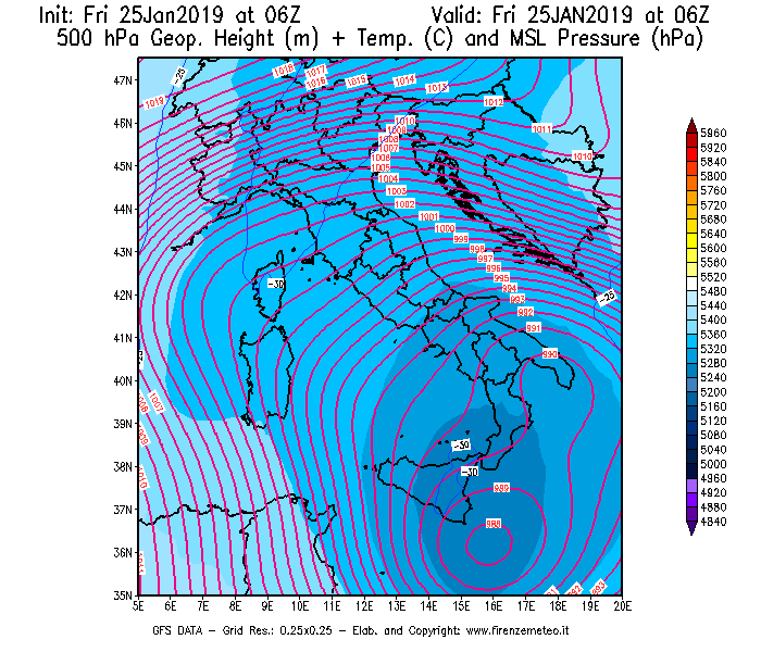 Mappa di analisi GFS - Geopotenziale [m] + Temp. [°C] a 500 hPa + Press. a livello del mare [hPa] in Italia
									del 25/01/2019 06 <!--googleoff: index-->UTC<!--googleon: index-->
