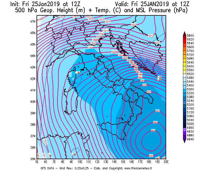 Mappa di analisi GFS - Geopotenziale [m] + Temp. [°C] a 500 hPa + Press. a livello del mare [hPa] in Italia
									del 25/01/2019 12 <!--googleoff: index-->UTC<!--googleon: index-->