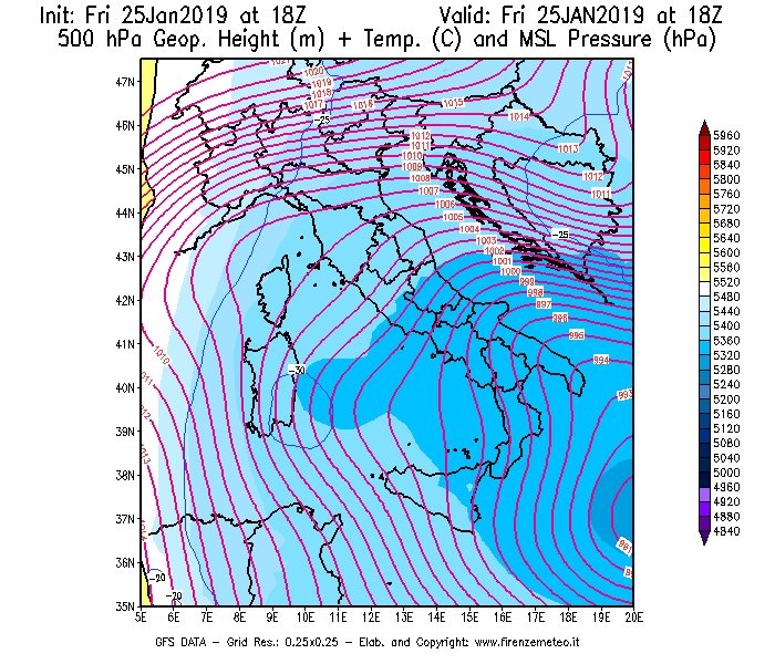 Mappa di analisi GFS - Geopotenziale [m] + Temp. [°C] a 500 hPa + Press. a livello del mare [hPa] in Italia
									del 25/01/2019 18 <!--googleoff: index-->UTC<!--googleon: index-->