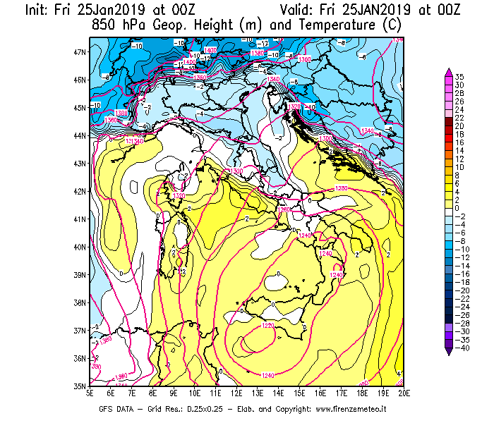 Mappa di analisi GFS - Geopotenziale [m] e Temperatura [°C] a 850 hPa in Italia
									del 25/01/2019 00 <!--googleoff: index-->UTC<!--googleon: index-->