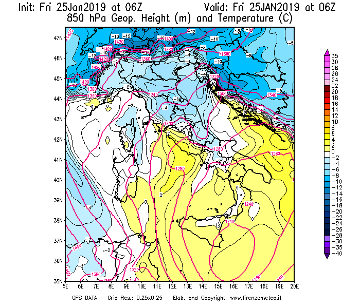 Mappa di analisi GFS - Geopotenziale [m] e Temperatura [°C] a 850 hPa in Italia
									del 25/01/2019 06 <!--googleoff: index-->UTC<!--googleon: index-->