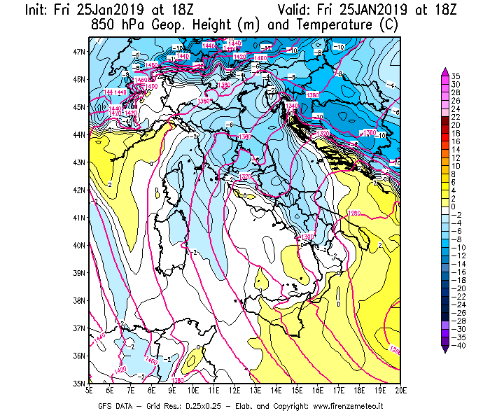 Mappa di analisi GFS - Geopotenziale [m] e Temperatura [°C] a 850 hPa in Italia
									del 25/01/2019 18 <!--googleoff: index-->UTC<!--googleon: index-->