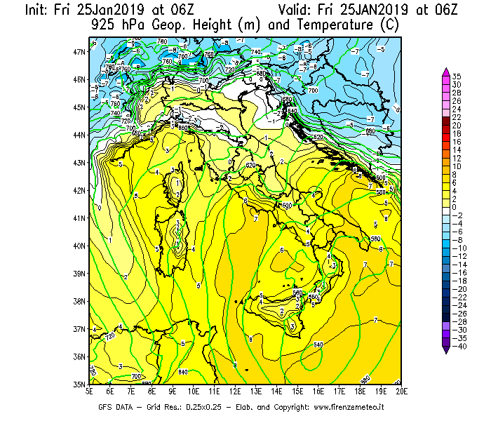 Mappa di analisi GFS - Geopotenziale [m] e Temperatura [°C] a 925 hPa in Italia
									del 25/01/2019 06 <!--googleoff: index-->UTC<!--googleon: index-->