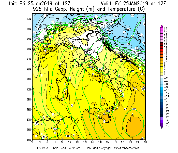 Mappa di analisi GFS - Geopotenziale [m] e Temperatura [°C] a 925 hPa in Italia
									del 25/01/2019 12 <!--googleoff: index-->UTC<!--googleon: index-->