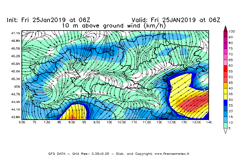 Mappa di analisi GFS - Velocità del vento a 10 metri dal suolo [km/h] in Nord-Italia
							del 25/01/2019 06 <!--googleoff: index-->UTC<!--googleon: index-->