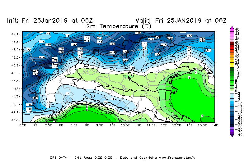 Mappa di analisi GFS - Temperatura a 2 metri dal suolo [°C] in Nord-Italia
							del 25/01/2019 06 <!--googleoff: index-->UTC<!--googleon: index-->