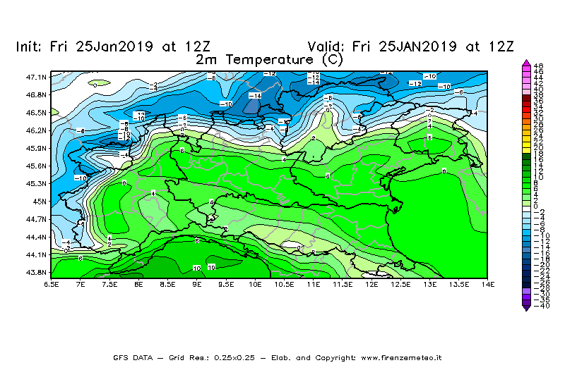 Mappa di analisi GFS - Temperatura a 2 metri dal suolo [°C] in Nord-Italia
									del 25/01/2019 12 <!--googleoff: index-->UTC<!--googleon: index-->