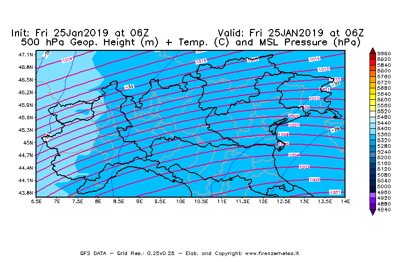 Mappa di analisi GFS - Geopotenziale [m] + Temp. [°C] a 500 hPa + Press. a livello del mare [hPa] in Nord-Italia
							del 25/01/2019 06 <!--googleoff: index-->UTC<!--googleon: index-->