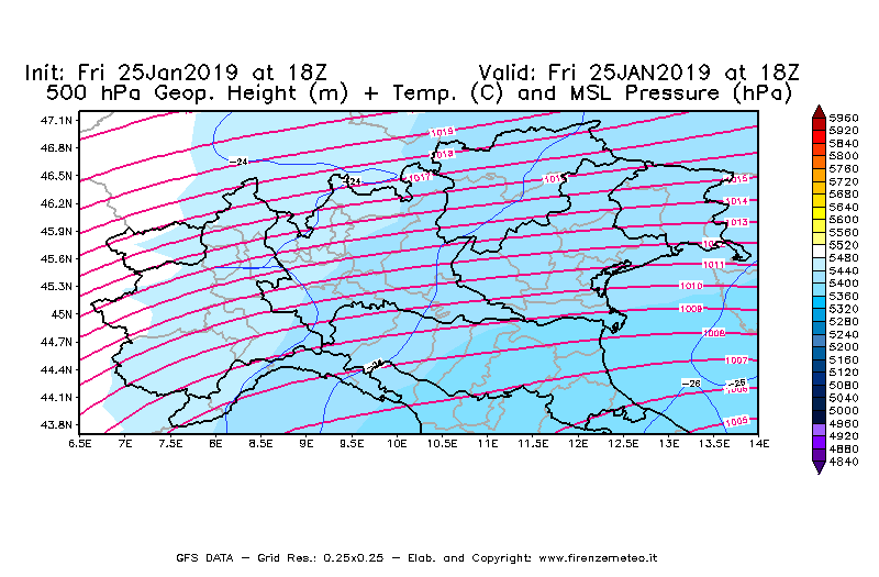 Mappa di analisi GFS - Geopotenziale [m] + Temp. [°C] a 500 hPa + Press. a livello del mare [hPa] in Nord-Italia
							del 25/01/2019 18 <!--googleoff: index-->UTC<!--googleon: index-->