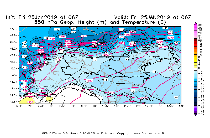 Mappa di analisi GFS - Geopotenziale [m] e Temperatura [°C] a 850 hPa in Nord-Italia
							del 25/01/2019 06 <!--googleoff: index-->UTC<!--googleon: index-->
