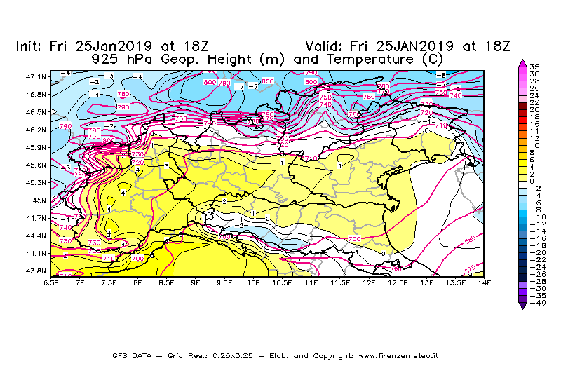 Mappa di analisi GFS - Geopotenziale [m] e Temperatura [°C] a 925 hPa in Nord-Italia
									del 25/01/2019 18 <!--googleoff: index-->UTC<!--googleon: index-->