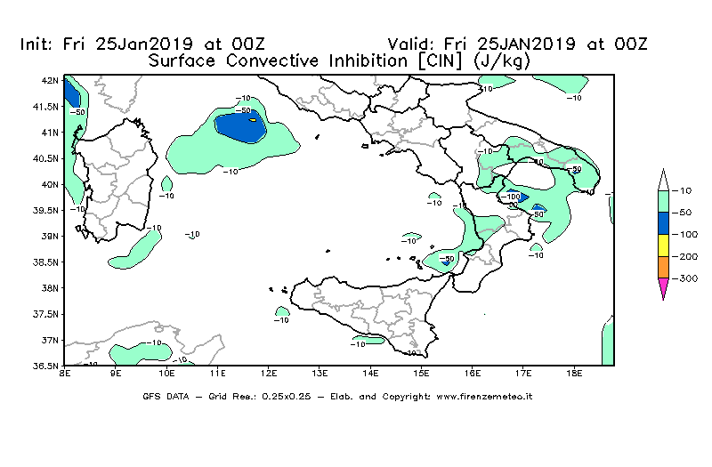 Mappa di analisi GFS - CIN [J/kg] in Sud-Italia
							del 25/01/2019 00 <!--googleoff: index-->UTC<!--googleon: index-->
