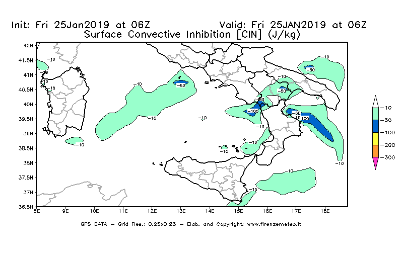 Mappa di analisi GFS - CIN [J/kg] in Sud-Italia
							del 25/01/2019 06 <!--googleoff: index-->UTC<!--googleon: index-->