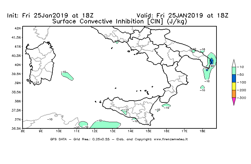 Mappa di analisi GFS - CIN [J/kg] in Sud-Italia
							del 25/01/2019 18 <!--googleoff: index-->UTC<!--googleon: index-->