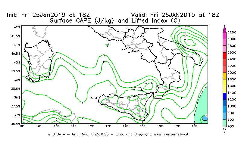 Mappa di analisi GFS - CAPE [J/kg] e Lifted Index [°C] in Sud-Italia
									del 25/01/2019 18 <!--googleoff: index-->UTC<!--googleon: index-->