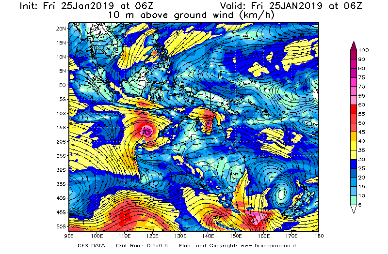 Mappa di analisi GFS - Velocità del vento a 10 metri dal suolo [km/h] in Oceania
									del 25/01/2019 06 <!--googleoff: index-->UTC<!--googleon: index-->