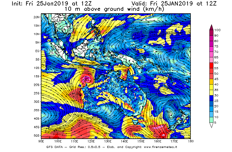 Mappa di analisi GFS - Velocità del vento a 10 metri dal suolo [km/h] in Oceania
									del 25/01/2019 12 <!--googleoff: index-->UTC<!--googleon: index-->