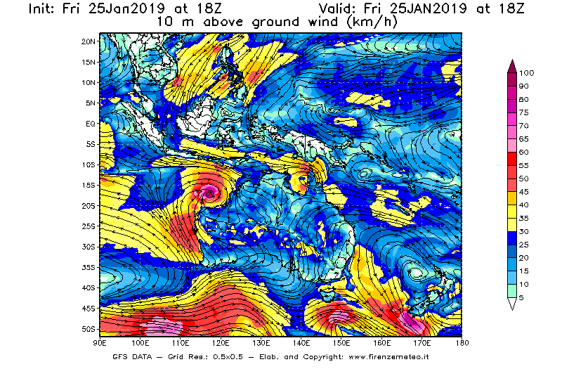 Mappa di analisi GFS - Velocità del vento a 10 metri dal suolo [km/h] in Oceania
									del 25/01/2019 18 <!--googleoff: index-->UTC<!--googleon: index-->