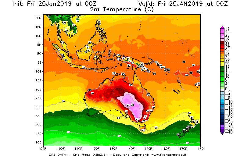 Mappa di analisi GFS - Temperatura a 2 metri dal suolo [°C] in Oceania
							del 25/01/2019 00 <!--googleoff: index-->UTC<!--googleon: index-->