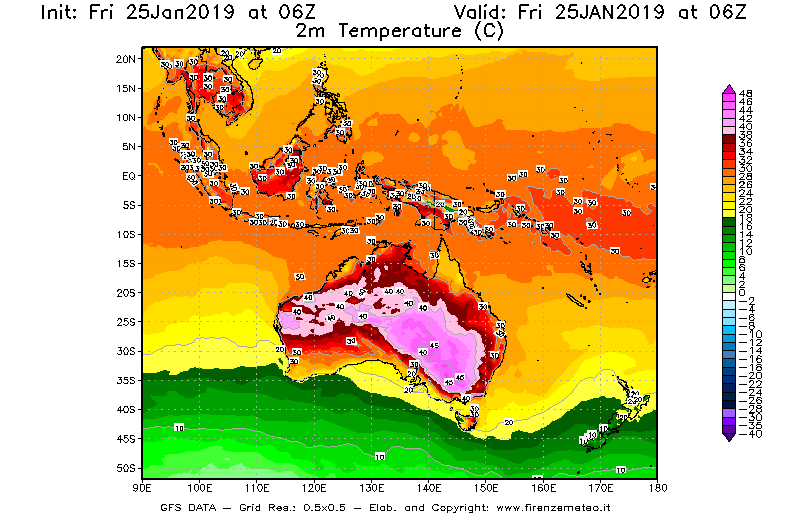 Mappa di analisi GFS - Temperatura a 2 metri dal suolo [°C] in Oceania
							del 25/01/2019 06 <!--googleoff: index-->UTC<!--googleon: index-->