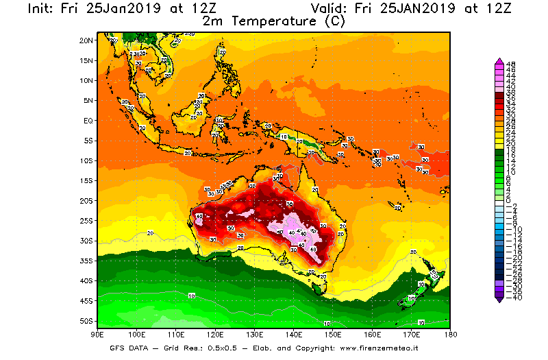 Mappa di analisi GFS - Temperatura a 2 metri dal suolo [°C] in Oceania
							del 25/01/2019 12 <!--googleoff: index-->UTC<!--googleon: index-->
