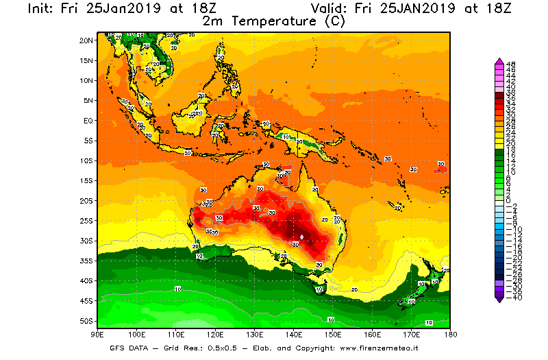Mappa di analisi GFS - Temperatura a 2 metri dal suolo [°C] in Oceania
							del 25/01/2019 18 <!--googleoff: index-->UTC<!--googleon: index-->