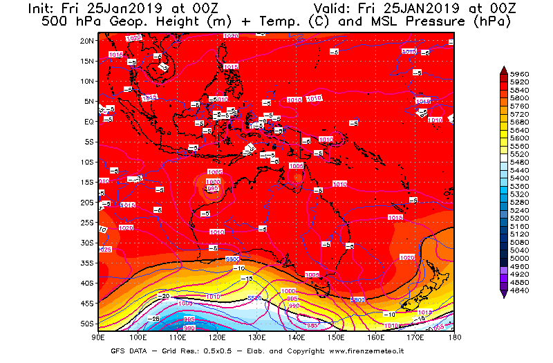 Mappa di analisi GFS - Geopotenziale [m] + Temp. [°C] a 500 hPa + Press. a livello del mare [hPa] in Oceania
							del 25/01/2019 00 <!--googleoff: index-->UTC<!--googleon: index-->
