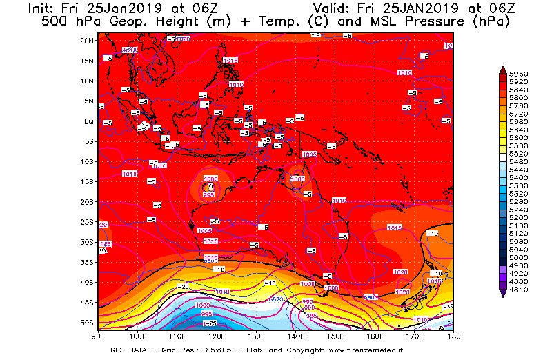 Mappa di analisi GFS - Geopotenziale [m] + Temp. [°C] a 500 hPa + Press. a livello del mare [hPa] in Oceania
									del 25/01/2019 06 <!--googleoff: index-->UTC<!--googleon: index-->
