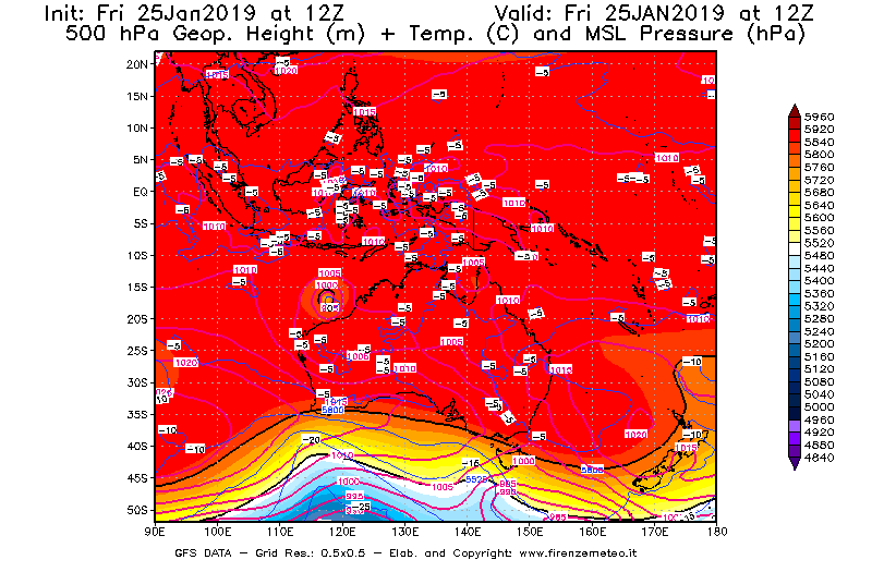 Mappa di analisi GFS - Geopotenziale [m] + Temp. [°C] a 500 hPa + Press. a livello del mare [hPa] in Oceania
							del 25/01/2019 12 <!--googleoff: index-->UTC<!--googleon: index-->