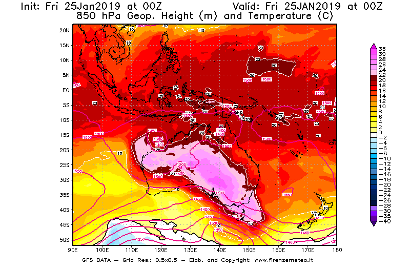 Mappa di analisi GFS - Geopotenziale [m] e Temperatura [°C] a 850 hPa in Oceania
									del 25/01/2019 00 <!--googleoff: index-->UTC<!--googleon: index-->