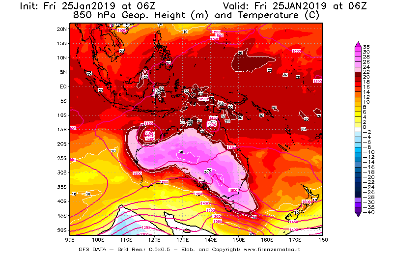 Mappa di analisi GFS - Geopotenziale [m] e Temperatura [°C] a 850 hPa in Oceania
									del 25/01/2019 06 <!--googleoff: index-->UTC<!--googleon: index-->