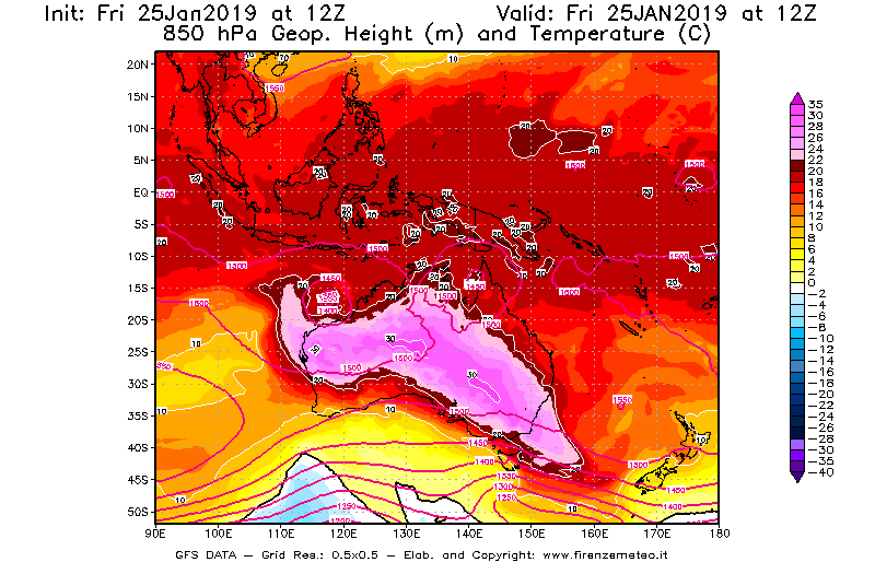 Mappa di analisi GFS - Geopotenziale [m] e Temperatura [°C] a 850 hPa in Oceania
									del 25/01/2019 12 <!--googleoff: index-->UTC<!--googleon: index-->