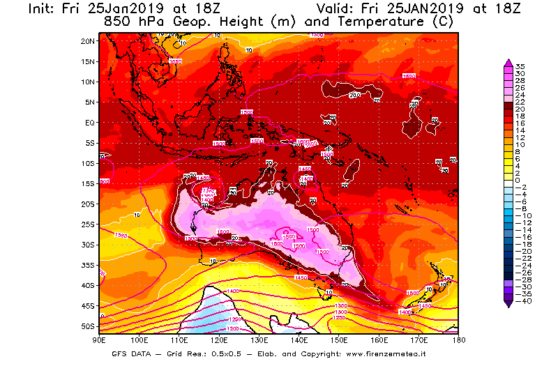 Mappa di analisi GFS - Geopotenziale [m] e Temperatura [°C] a 850 hPa in Oceania
									del 25/01/2019 18 <!--googleoff: index-->UTC<!--googleon: index-->