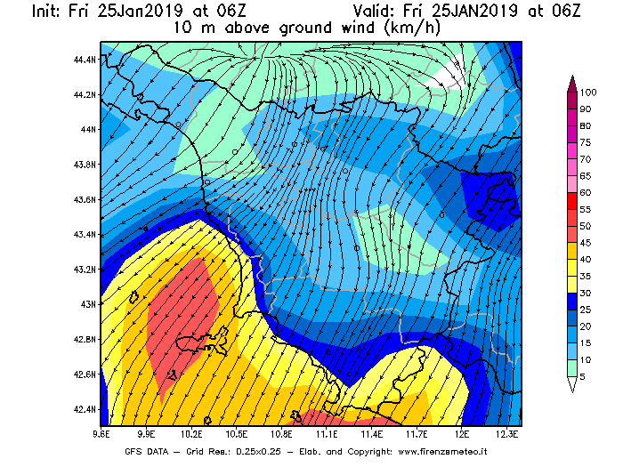 Mappa di analisi GFS - Velocità del vento a 10 metri dal suolo [km/h] in Toscana
							del 25/01/2019 06 <!--googleoff: index-->UTC<!--googleon: index-->