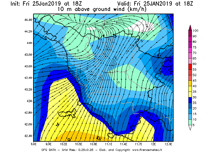 Mappa di analisi GFS - Velocità del vento a 10 metri dal suolo [km/h] in Toscana
							del 25/01/2019 18 <!--googleoff: index-->UTC<!--googleon: index-->