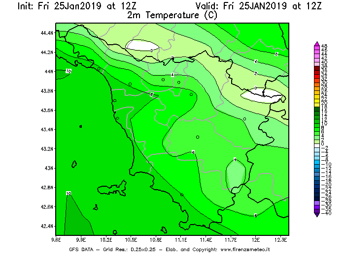 Mappa di analisi GFS - Temperatura a 2 metri dal suolo [°C] in Toscana
							del 25/01/2019 12 <!--googleoff: index-->UTC<!--googleon: index-->