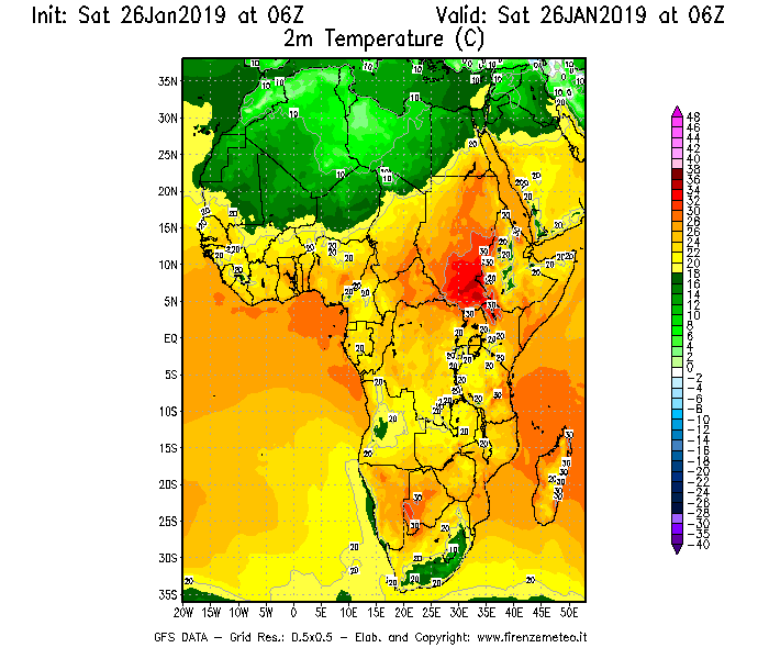 Mappa di analisi GFS - Temperatura a 2 metri dal suolo [°C] in Africa
									del 26/01/2019 06 <!--googleoff: index-->UTC<!--googleon: index-->