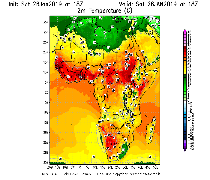 Mappa di analisi GFS - Temperatura a 2 metri dal suolo [°C] in Africa
							del 26/01/2019 18 <!--googleoff: index-->UTC<!--googleon: index-->