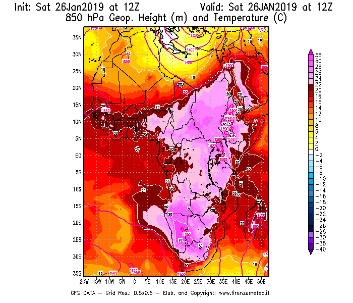 Mappa di analisi GFS - Geopotenziale [m] e Temperatura [°C] a 850 hPa in Africa
							del 26/01/2019 12 <!--googleoff: index-->UTC<!--googleon: index-->
