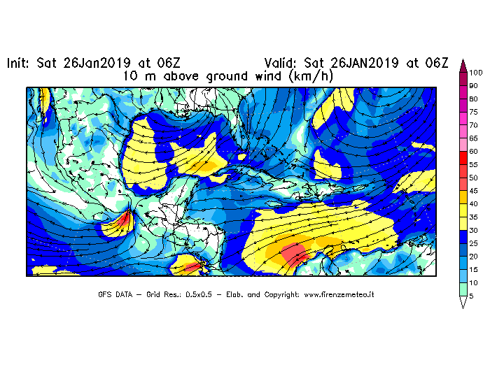 Mappa di analisi GFS - Velocità del vento a 10 metri dal suolo [km/h] in Centro-America
							del 26/01/2019 06 <!--googleoff: index-->UTC<!--googleon: index-->