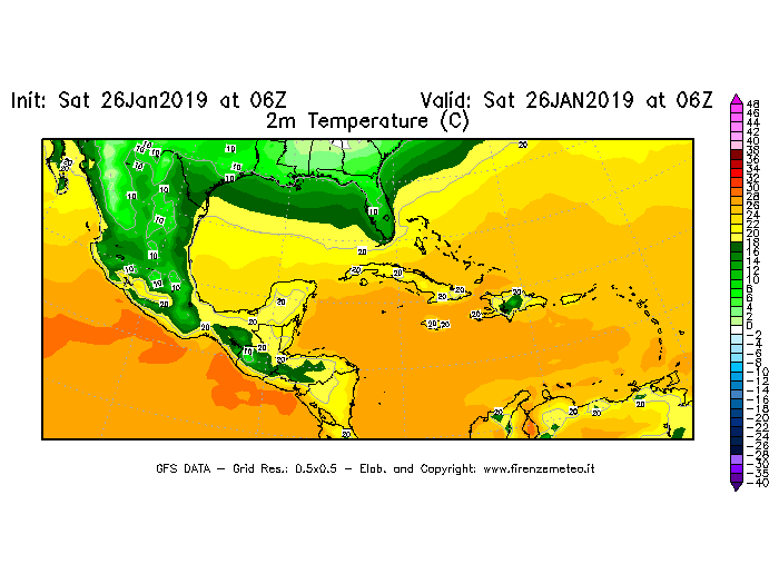 Mappa di analisi GFS - Temperatura a 2 metri dal suolo [°C] in Centro-America
									del 26/01/2019 06 <!--googleoff: index-->UTC<!--googleon: index-->