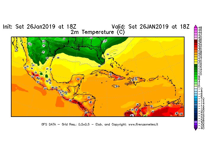 Mappa di analisi GFS - Temperatura a 2 metri dal suolo [°C] in Centro-America
									del 26/01/2019 18 <!--googleoff: index-->UTC<!--googleon: index-->