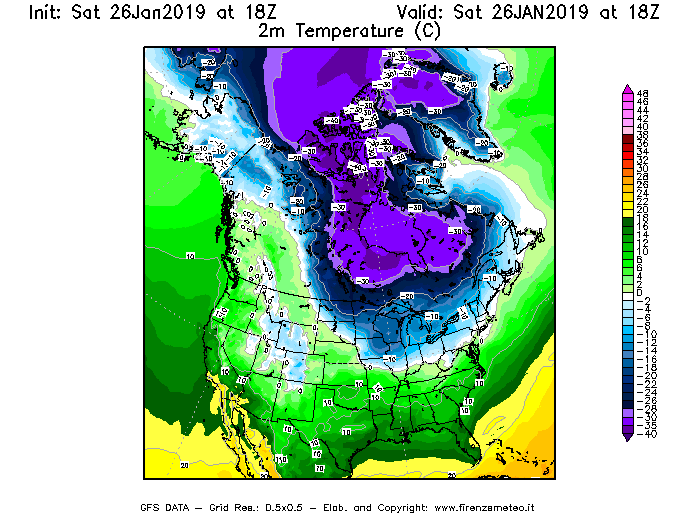 Mappa di analisi GFS - Temperatura a 2 metri dal suolo [°C] in Nord-America
							del 26/01/2019 18 <!--googleoff: index-->UTC<!--googleon: index-->