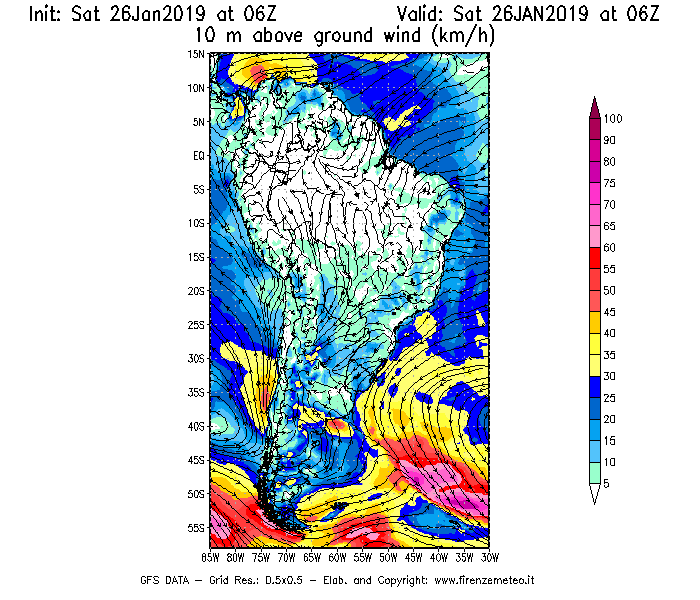 Mappa di analisi GFS - Velocità del vento a 10 metri dal suolo [km/h] in Sud-America
									del 26/01/2019 06 <!--googleoff: index-->UTC<!--googleon: index-->