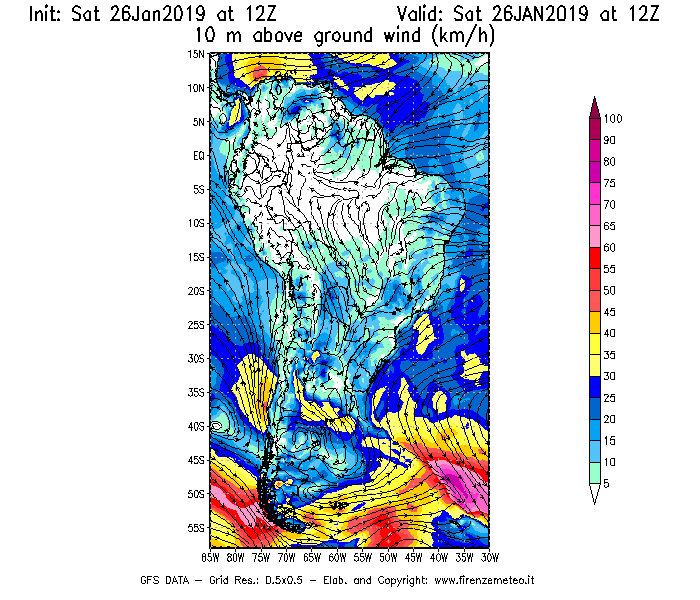 Mappa di analisi GFS - Velocità del vento a 10 metri dal suolo [km/h] in Sud-America
									del 26/01/2019 12 <!--googleoff: index-->UTC<!--googleon: index-->