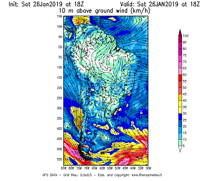 Mappa di analisi GFS - Velocità del vento a 10 metri dal suolo [km/h] in Sud-America
							del 26/01/2019 18 <!--googleoff: index-->UTC<!--googleon: index-->