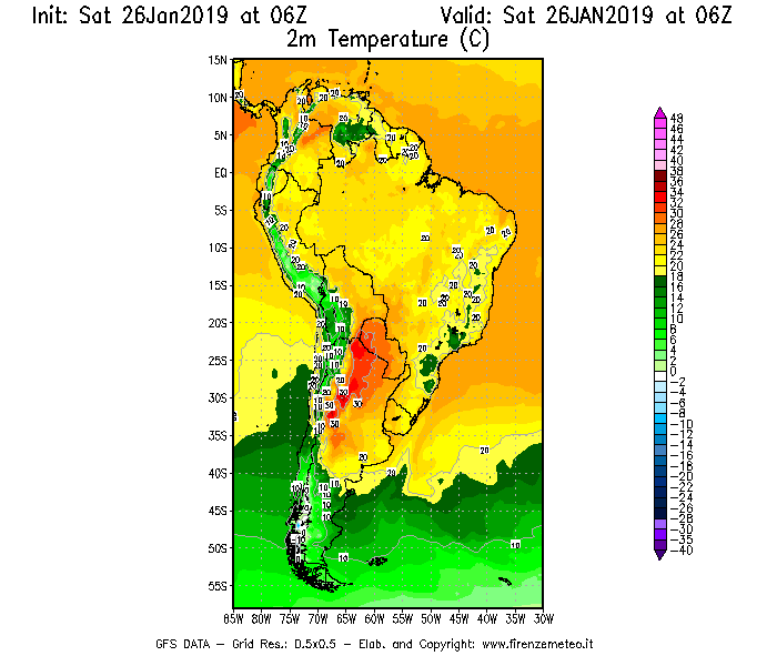 Mappa di analisi GFS - Temperatura a 2 metri dal suolo [°C] in Sud-America
									del 26/01/2019 06 <!--googleoff: index-->UTC<!--googleon: index-->