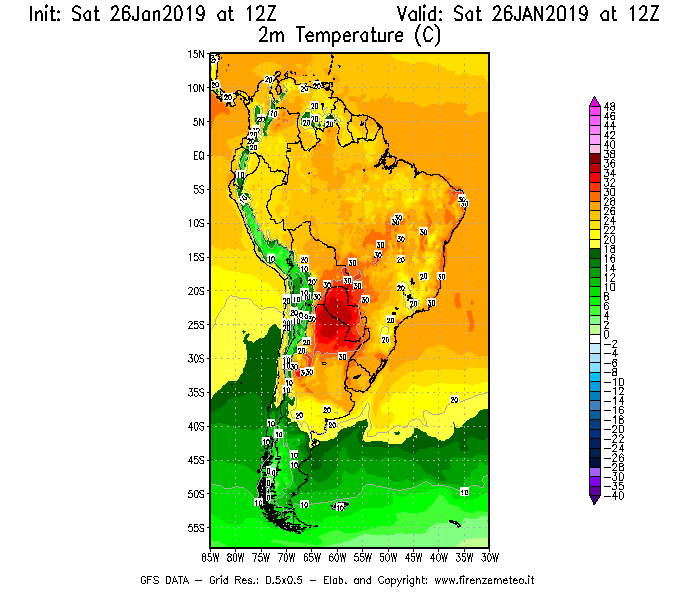Mappa di analisi GFS - Temperatura a 2 metri dal suolo [°C] in Sud-America
							del 26/01/2019 12 <!--googleoff: index-->UTC<!--googleon: index-->
