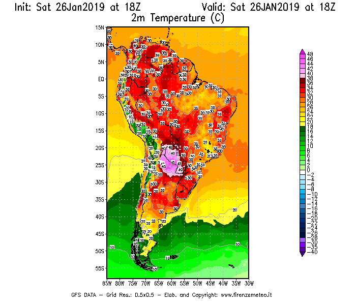 Mappa di analisi GFS - Temperatura a 2 metri dal suolo [°C] in Sud-America
							del 26/01/2019 18 <!--googleoff: index-->UTC<!--googleon: index-->
